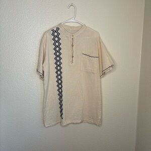 Vintage Mexican Guayabera Linen Shirt with Hand Embroidered Design
